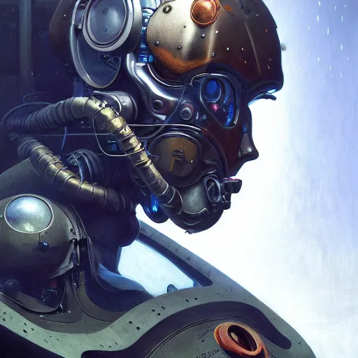 Image similar to a expressive portrait of masked diesel punk robot in dramatic lighting, depth of field background, artstation, award - winning realistic sci - fi concept art by jim burns and greg rutkowski, beksinski, a realism masterpiece, expressive color palette, james gilleard, bruegel, alphonse mucha, and yoshitaka amano