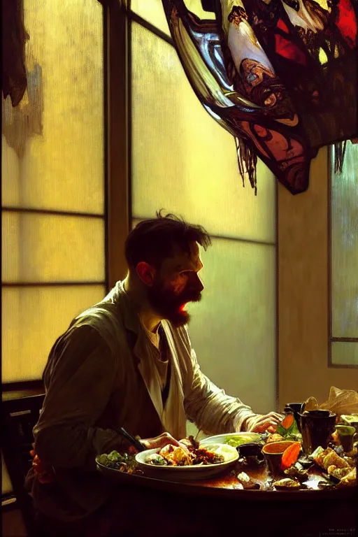 Image similar to hyperrealist portrait of a man eating dinner. by jeremy mann and alphonse mucha, fantasy art, photo realistic, dynamic lighting, artstation, poster, volumetric lighting, very detailed faces, 4 k, award winning