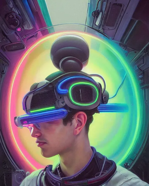 Prompt: future coder looking on, glowing visor over eyes and sleek neon headphones, neon accents, desaturated headshot portrait painting by donato giancola, dean cornwall, rhads, tom whalen, alex grey, alphonse mucha, astronaut cyberpunk electric fashion photography