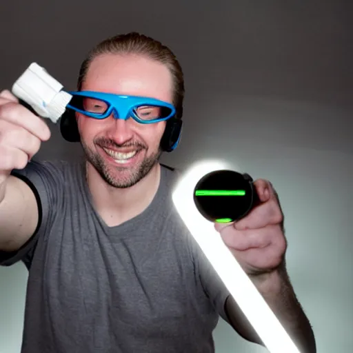 Image similar to a scientist standing in a dark room wearing goggles looks ecstatic while testing out the new laser gun prototype by firing it