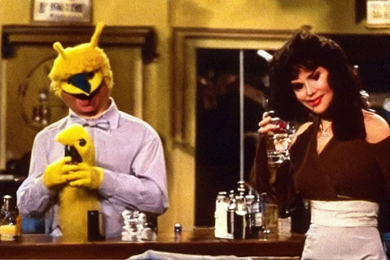 Image similar to “ a still of big bird drinking at the bar in the tv show cheers ”