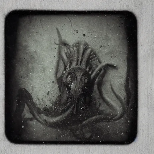 Image similar to tintype photo, swimming deep underwater, alien squid bird