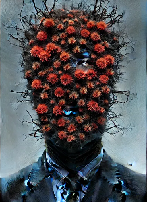 Prompt: an man in a black suit with a head made of flowers and roots, no face, intricate, highly detailed, concept art, hyperrealistic, oil painting by greg staples, 8 k