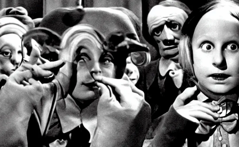 Image similar to Willy Wonka and the Chocolate Factory, still from an old surrealist black and white movie directed by Jan Svankmajer, Béla Tarr, Ingrid Bergman and Robert Wiene. Dark background, dramatic lighting, detailed, cinematic