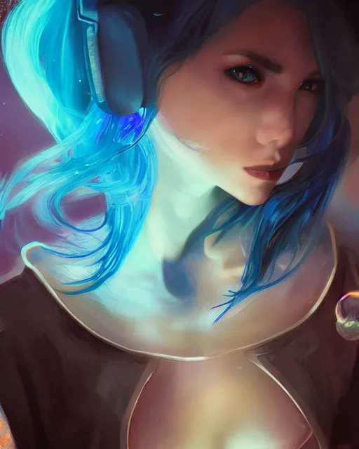 Image similar to pretty girl djing at a rave, blue hair, rem rezero, sharp focus, digital painting, 8 k, concept art, art by wlop, artgerm, greg rutkowski and alphonse mucha