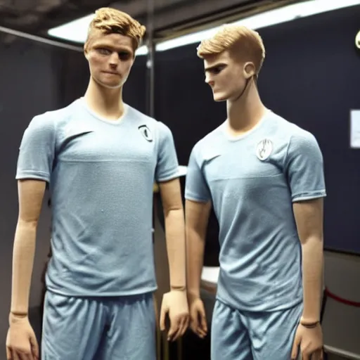 Image similar to a realistic detailed photo of a guy who is an attractive humanoid who is half robot and half humanoid, who is a male android, soccer players martin ødegaard & timo werner, shiny skin, posing like a statue, blank stare, in a factory, on display, showing off his muscles, gold soccer shorts, side view, looking at each other mindlessly