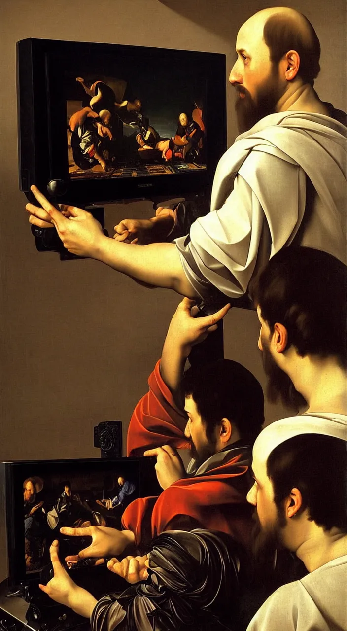 Image similar to Portrait of a man playing a video game on a CRT television. Painting by Caravaggio. Intricate details. hyper realism. Masterpiece.