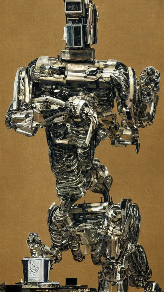 Prompt: robot painting a robot on canvas, intricate, highly detailed, photorealistic, film still, by hans thoma.