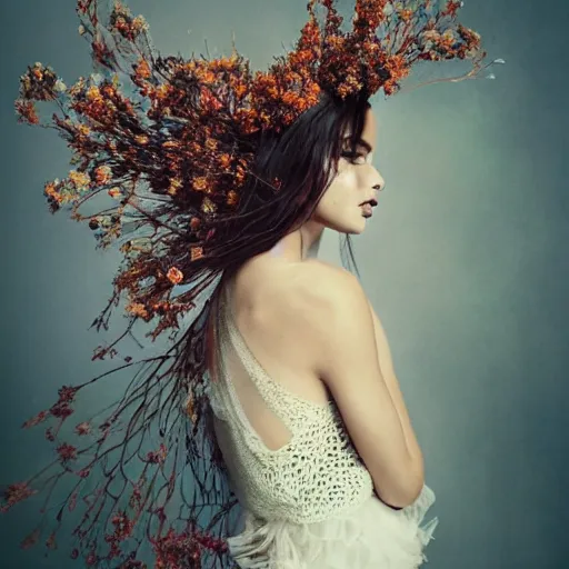 Image similar to fine art photo of adriana lima, she has a crown of dried flowers, by oleg oprisco