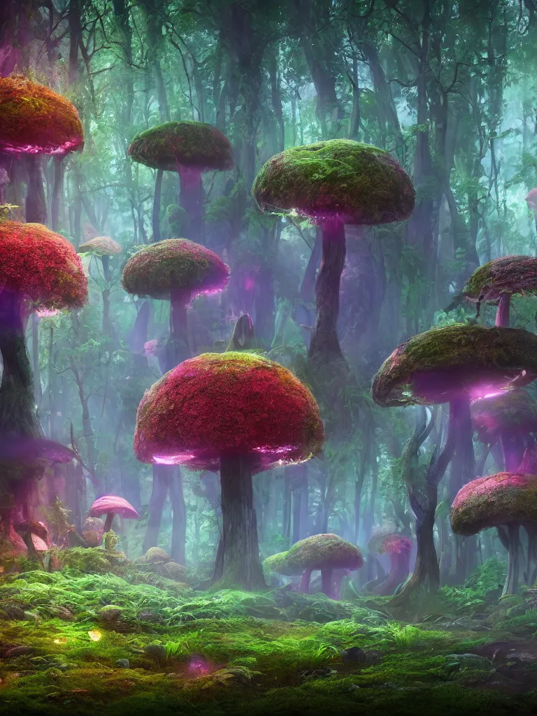 Image similar to a beautiful otherworldly fantasy landscape of a hidden forest with colorful mystical plants and huge psychedelic mushrooms as the trees, rendering, cryengine, vray render, cinema 4 d, cgsociety, bioluminescent