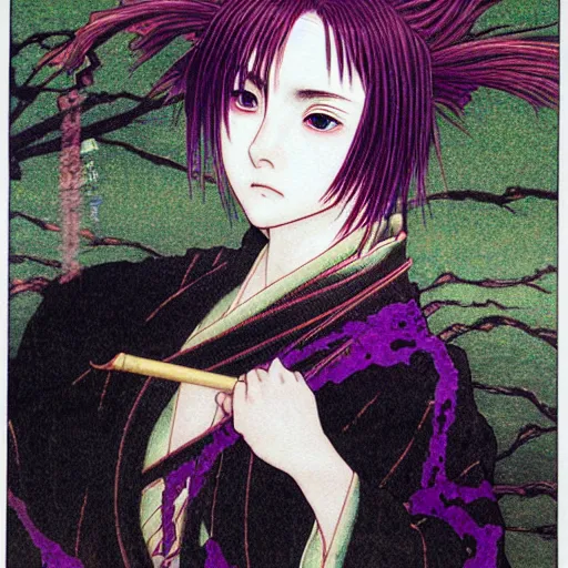 Image similar to prompt : portrait of muse soft light painted by takato yamamoto, purple rinnegan eyes, inspired by ninja anime, smooth face feature, intricate oil painting, high detail, sharp high detail, manga and anime