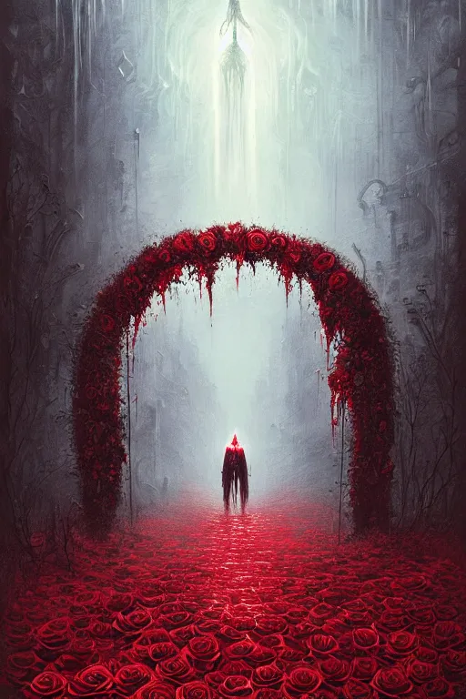 Image similar to poster style, a beautiful and terrifying painting with high details of reaper's garden with red fluid white roses in the foreground, movie atmosphere, movie lights, 8 k, light effect, rtx on, trending on artstation, by kilian eng, lee madgwick, bastien lecouffe - deharme