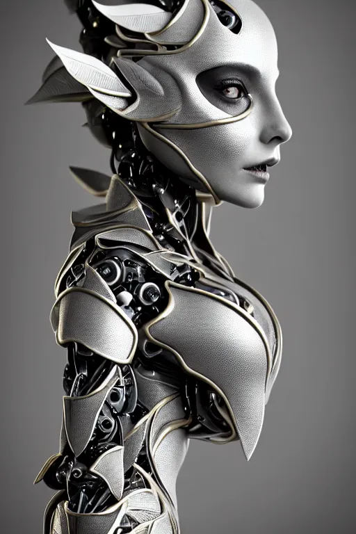 Image similar to monochrome close - up profile face, black background, beautiful young porcelain bio - mechanical vegetal - dragon - cyborg - female, white metallic armour, silver gold details, magnolia leaves and stems, roots, mandelbot fractal, 1 5 0 mm, beautiful natural soft rim light, elegant, hyper real, ultra detailed, octane render, 1 6 k