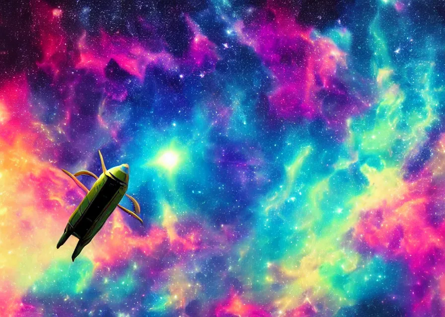 Prompt: spaceship flying over huge and colorful nebula, spray paint