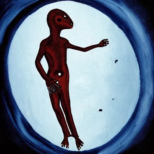 Prompt: cave painting of alien arriving to earth