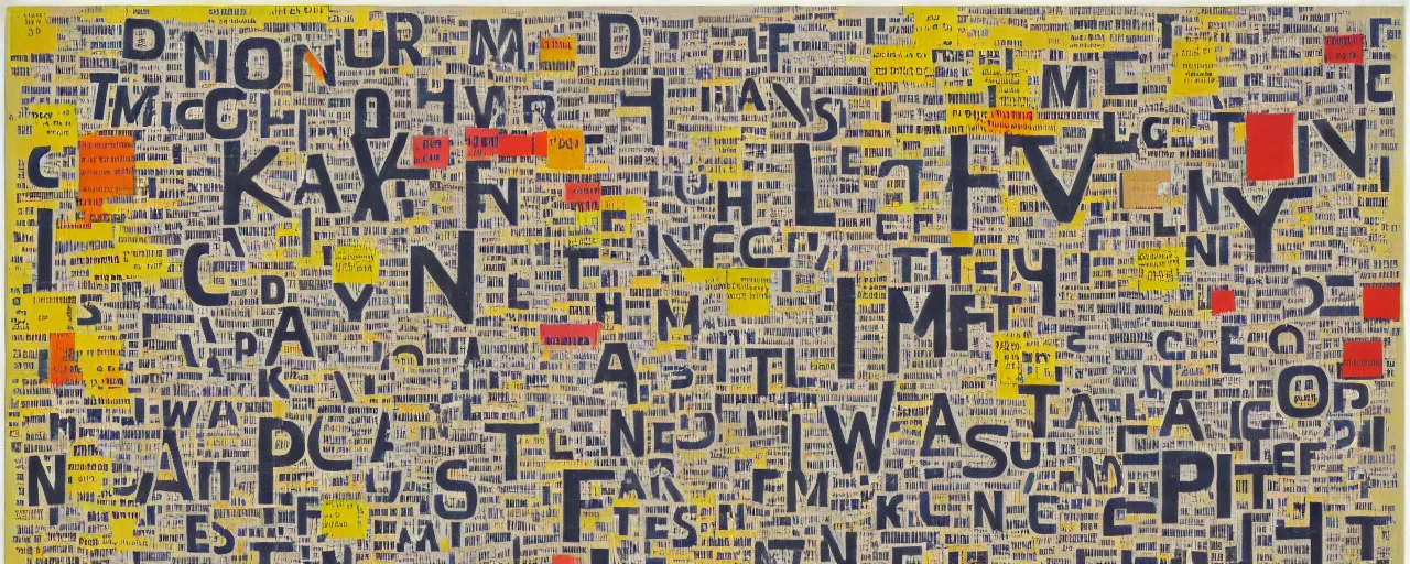 Prompt: a typographic painting of words and letters, by Tristan Tzara, oil paint, Concrete poetry, dada, collage, abstract, words, Highly Detailed