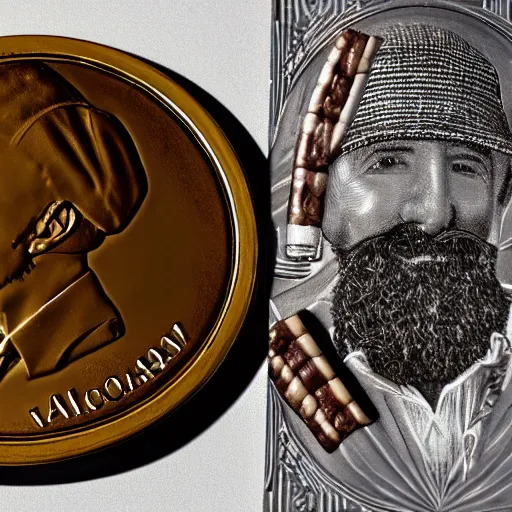 Image similar to A photograph of an unwrapped chocolate coin that is engraved with a portrait of a young leon redbone smoking a cigar and wearing a greek fisherman cap, highly detailed, close-up product photo, depth of field, sharp focus, soft lighting