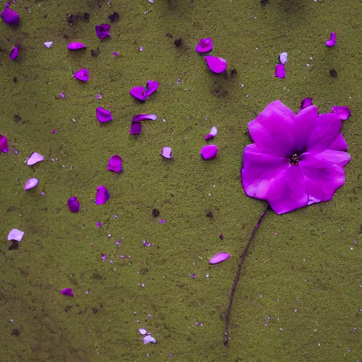 Prompt: closeup photo of purple flower petal flying above a summer city, aerial view, shallow depth of field, cinematic, 8 0 mm, f 1. 8