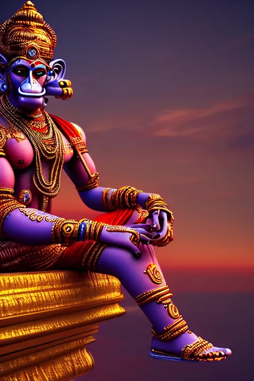 Image similar to high quality 3 d render colorful cyborg! hanuman sitting, gold madhubani, highly detailed, cyberpunk!! mumbai in the background, vray cinematic smooth, blade runner, moody light, low angle, uhd 8 k, sharp focus