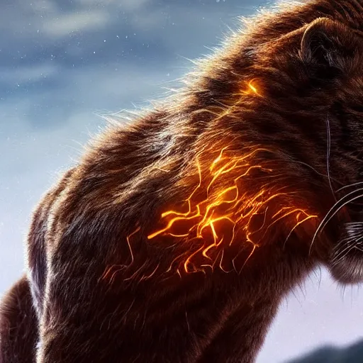 Image similar to mix of puma and jaguar and lion and tiger jumping over a cliff, giant cat monster, 8 k ultra realistic animal, detailed intricate fur, flame in the fur, full of colour, cinematic lighting, battered, trending on artstation, 4 k, hyperrealistic, focused, extreme details, unreal engine 5, cinematic, masterpiece, art by ayami kojima