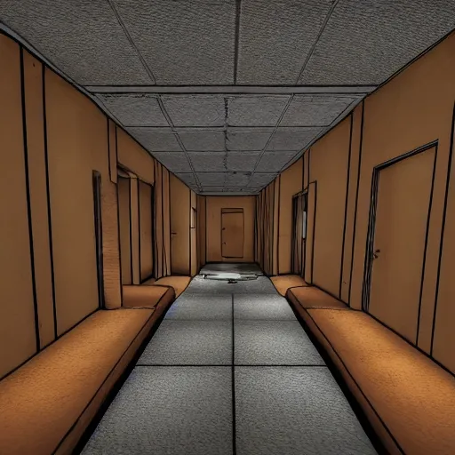 Prompt: The Backrooms liminal space, in the style of The Stanley Parable