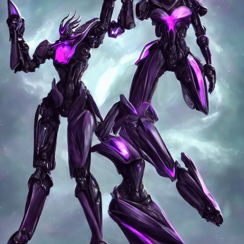 Prompt: cinematic front shot, cosmic sized proportional stunning beautiful hot female warframe, detailed robot mecha female dragon head, metal ears purple eyes, sleek silver armor, fuschia skin, floating in empty space, nebula sized, posing elegantly, epic proportions, epic size, epic scale, furry art, dragon art, giantess art, warframe fanart, furaffinity, deviantart