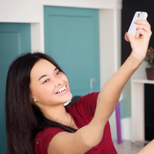 Prompt: studio gibli girl taking a selfie at home