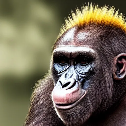 Prompt: hyperrealistic face of an ape with a mohawk sticking his tongue out