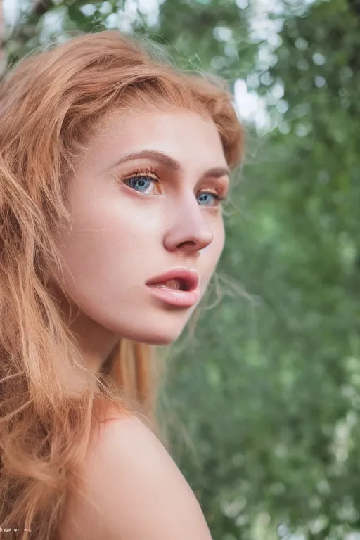 Image similar to olive skinned strawberry - blonde female model in her twenties, wearing a designer dress, looking content, focused on her neck, photo realistic, extreme detail skin, natural beauty, no filter, slr, golden hour, 4 k, high definition, selfie