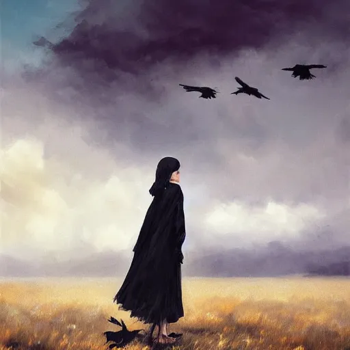 Image similar to morning, a woman in a black dress with a raven head. no face. sun, cinematic, clouds, vogue cover style, contracting colors mood, realistic painting, intricate oil painting, high detail, figurative art, poster art, by simon bisley, ismail inceoglu, wadim kashin, filip hodas. pixar theme.