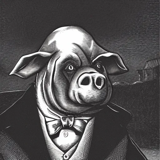 Image similar to closeup portrait of an evil pig in a tuxedo, dramatic lighting, farm background, moon, chiaroscuro, high detail, illustration by gustave dore