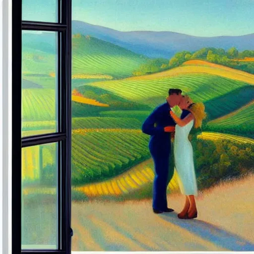 Image similar to a couple kissing, behind them is a window that shows a hilly landscape with vineyards, morning light, dreamy, hopper