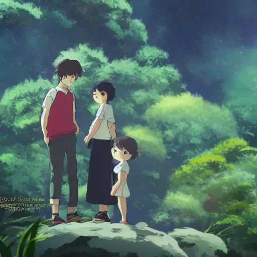 Image similar to friendly guy and small creature , with Fragile looking character made by Studio Ghibli highly detailed art, beautiful scene, sharp focus, smooth, High contrast, depth of field, 8k, anime art