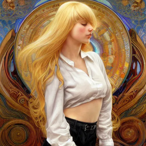 Image similar to A young woman with blonde long hair and bangs in shorts and white shirt drawn by Donato Giancola and Anna Dittmann, frank frazetta, alphonse mucha, background by James Jean and gustav klimt, 4k, volumetric lighting, french nouveau, trending on artstation, octane render, hyperrealistic