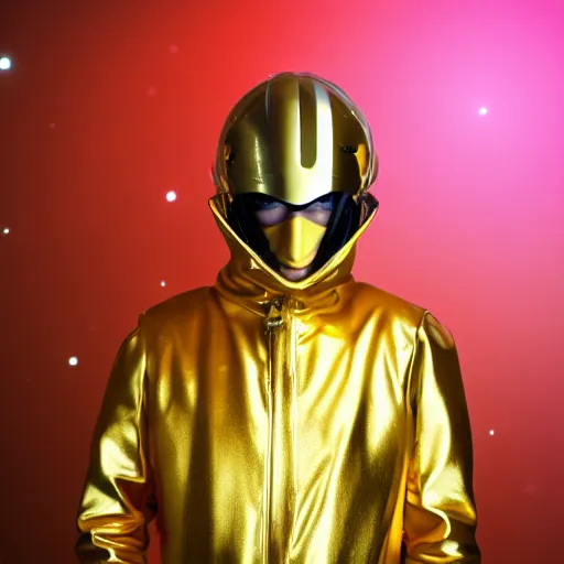 Prompt: Person standing still, dressed in a futuristic golden outfit with futuristic golden helmet. Futuristic flora background.