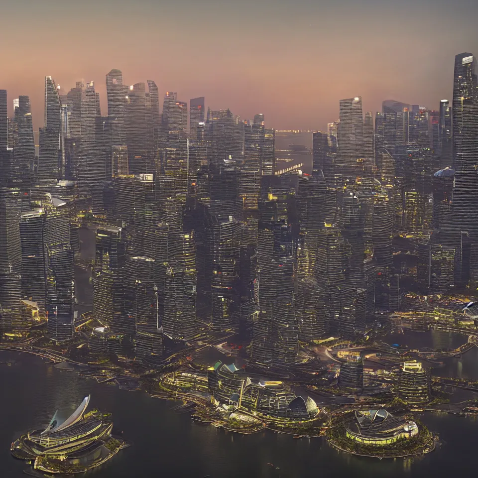 Image similar to a detailed futuristic painting of the Marina Bay Sands in Singapore at dusk. By Robert Bechtle, Paul Kratter, Geri Keary, Simon Stålenhag. Concept art, CGSociety, Octane. Trending on ArtStation, 8k, UHD, HDR