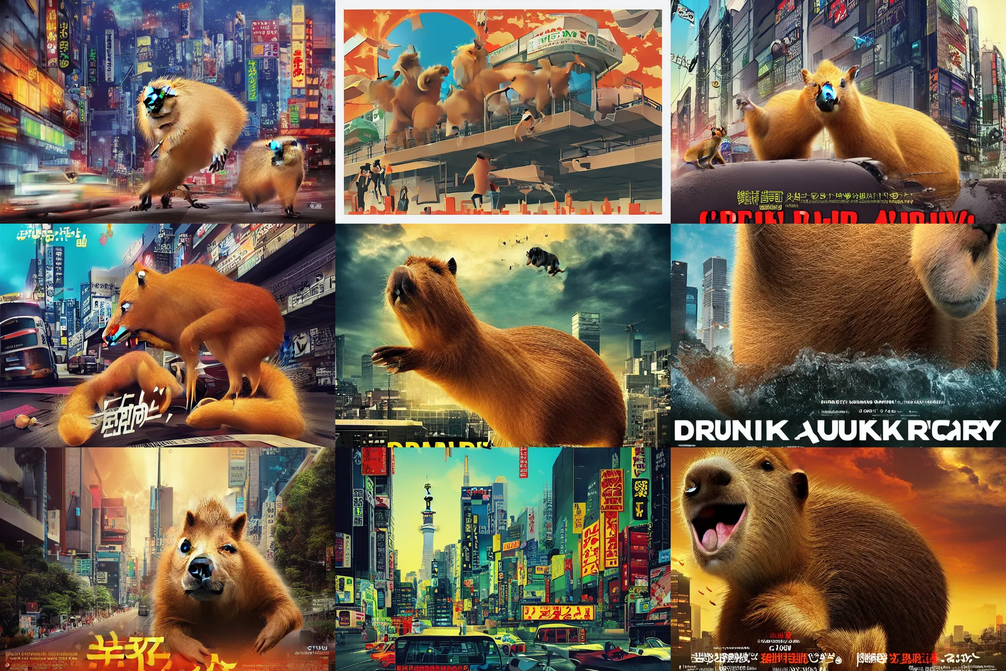 Prompt: “drunk capybara attacking Tokyo, disaster movie poster, cgstudio”