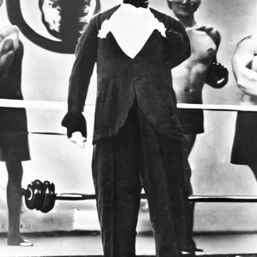 Image similar to A photo of a Charlie Chaplin posing at a bodybuilding contest