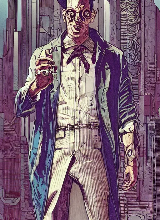 Image similar to portrait of a cyberpunk noir detective who dabbles in the occult with a cool robe by moebius