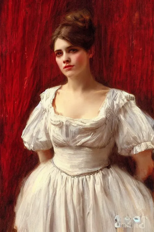 Image similar to Solomon Joseph Solomon and Richard Schmid and Jeremy Lipking victorian genre painting full length portrait painting of a young beautiful woman traditional german french barmaid in fantasy costume, red background