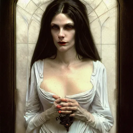 Image similar to portrait of a lady vampire, 35mm, 1800s, rim light, depth of field, DOF, ominous, sharp, highly detailed, photorealistic, realistic, unreal 5, high definition, 8k, deviantart, donato giancola, irwin penn, Alphonse Mucha