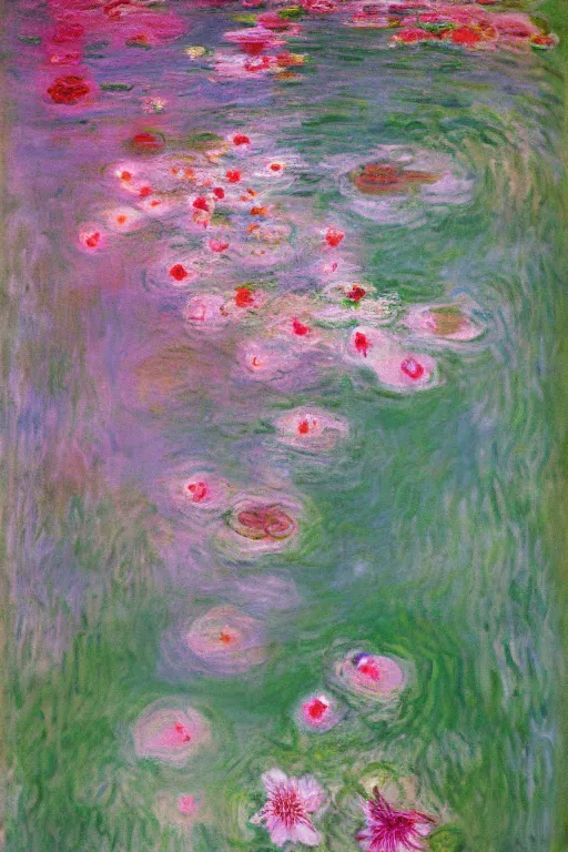 Image similar to a cluster of pink dripping clematis liquefying dripping with pink paint by claude monet by salvador dali, oil on canvas