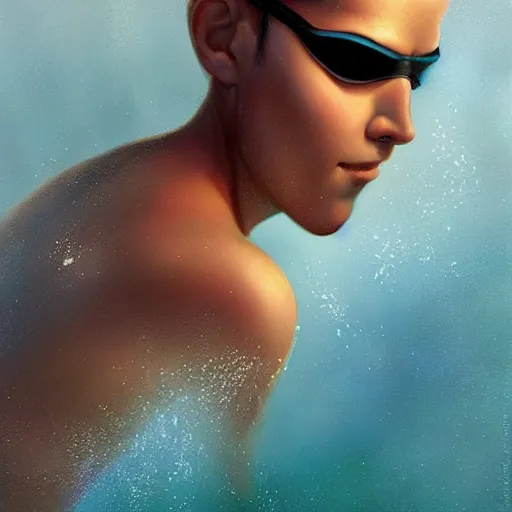 Image similar to a swimmer in Pixar style by Stanley Artgerm and Tom Bagshaw