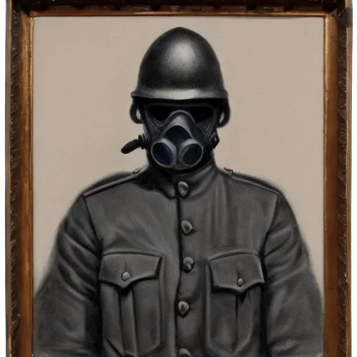 Image similar to charcoal portrait of a ww 1 soldier waering a gas mask