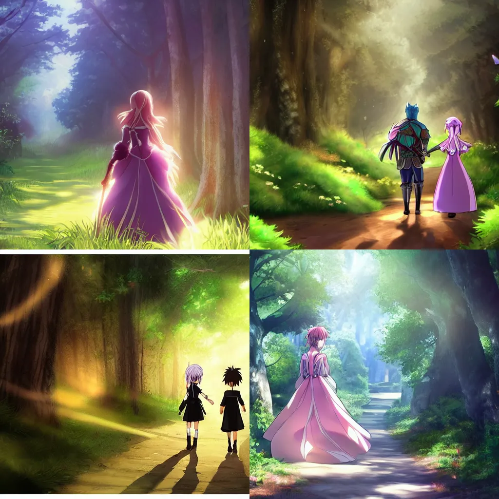 Prompt: Photorealistic anime. A knight and princess walk down a forest path. The princess looks back at the knight with an energetic smile and attitude. Atmospheric lighting, Dramatic composition.