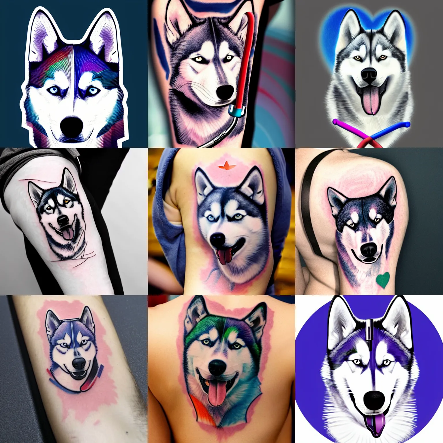 Prompt: colored husky with a stethoscope tattoo concept art, line art, 4 k hd, realistic, simplistic