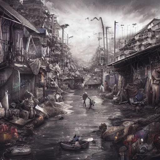 Image similar to slum neighborhood in lord of the ring world, on artgerm style, hyperrealistic content, high definition content, intricate, delete duplicate content, justify content center, 5 dark tone colors