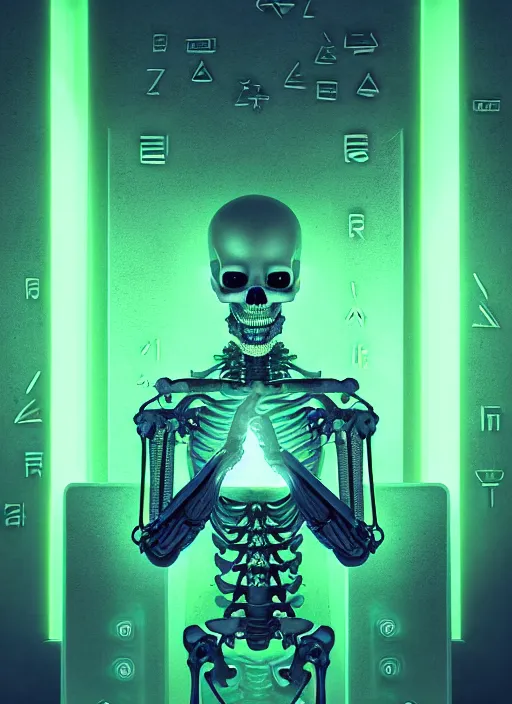 Image similar to portrait of futuristic cyber bionic skeleton writing runes into tombstones, runes, runic words, ancient evil letters, glowing green, intricate, elegant, glowing lights, highly detailed, digital painting, artstation, concept art, smooth, sharp focus, illustration, art by wlop, mars ravelo and greg rutkowski