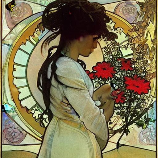 Image similar to “ a girl looking down at a bonsai, very detailed, by alphonse mucha ”