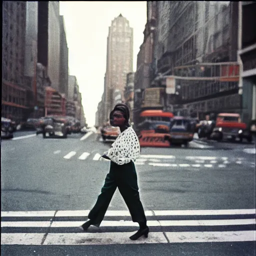 Prompt: medium format film candid portrait of a working woman in new york by street photographer, 1 9 6 0 s, hasselblad woman portrait featured on unsplash, colour expired film